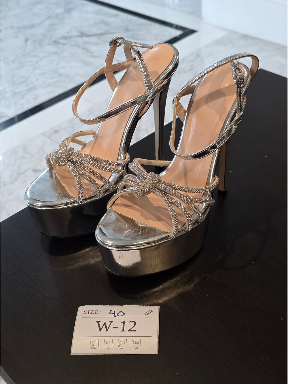 Strappy Silver Platform Heels with Rhinestone Detail